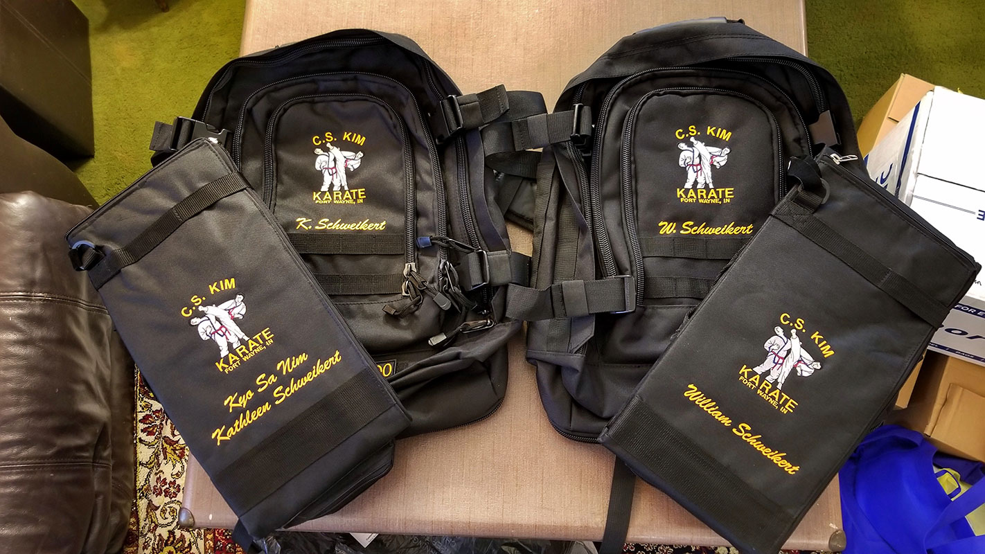 Karate Bags embroidered with names and C.S. Kim Karate logo