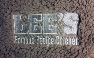 Plush Fleece Blanket Custom Embroidered for Lee's Famous Recipe Chicken - Closer look at the embroidery