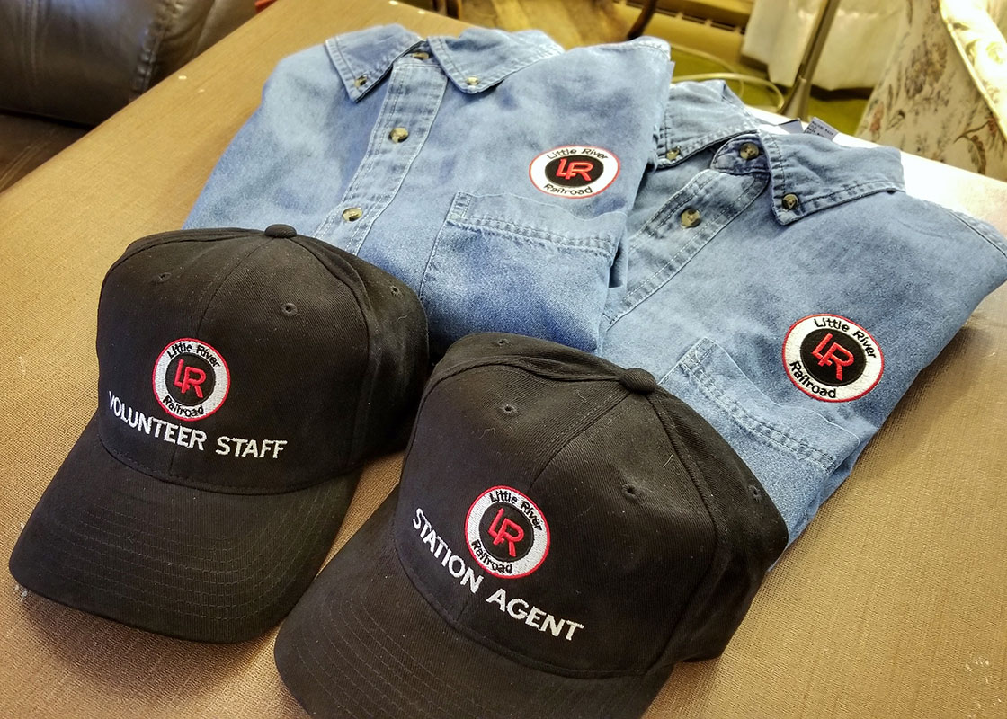 Denim Shirts and Baseball Caps Embroidered with Little River Railroad's Logo