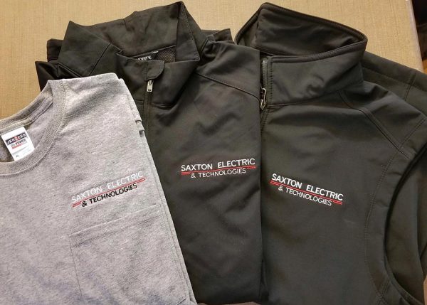 T-shirt, jacket and vest embroidered with Saxton Electric & Technologies logo